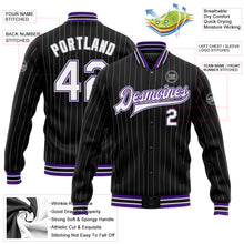 Load image into Gallery viewer, Custom Black Gray Pinstripe White-Purple Bomber Full-Snap Varsity Letterman Jacket
