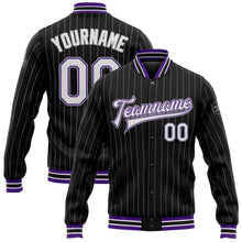 Load image into Gallery viewer, Custom Black Gray Pinstripe White-Purple Bomber Full-Snap Varsity Letterman Jacket
