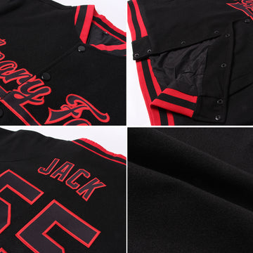 Custom Black Gray Pinstripe White-Red Bomber Full-Snap Varsity Letterman Jacket