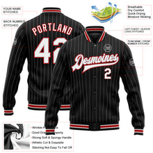 Load image into Gallery viewer, Custom Black Gray Pinstripe White-Red Bomber Full-Snap Varsity Letterman Jacket
