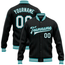 Load image into Gallery viewer, Custom Black Teal Pinstripe White Bomber Full-Snap Varsity Letterman Jacket
