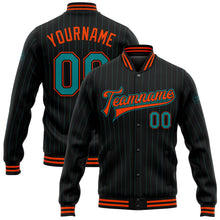 Load image into Gallery viewer, Custom Black Teal Pinstripe Orange Bomber Full-Snap Varsity Letterman Jacket
