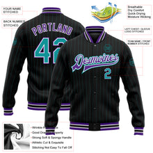 Load image into Gallery viewer, Custom Black Teal Pinstripe Purple Bomber Full-Snap Varsity Letterman Jacket
