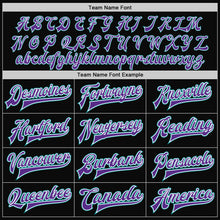 Load image into Gallery viewer, Custom Black Teal Pinstripe Purple Bomber Full-Snap Varsity Letterman Jacket
