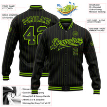 Load image into Gallery viewer, Custom Black Neon Green Pinstripe Neon Green Bomber Full-Snap Varsity Letterman Jacket
