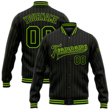 Load image into Gallery viewer, Custom Black Neon Green Pinstripe Neon Green Bomber Full-Snap Varsity Letterman Jacket
