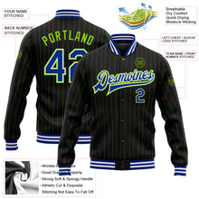 Load image into Gallery viewer, Custom Black Neon Green Pinstripe Royal-White Bomber Full-Snap Varsity Letterman Jacket
