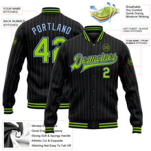 Load image into Gallery viewer, Custom Black Light Blue Pinstripe Neon Green Bomber Full-Snap Varsity Letterman Jacket
