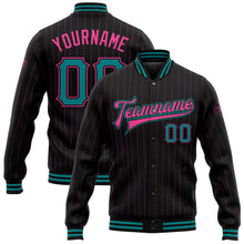 Load image into Gallery viewer, Custom Black Pink Pinstripe Teal Bomber Full-Snap Varsity Letterman Jacket
