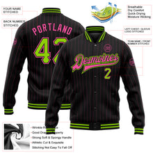 Load image into Gallery viewer, Custom Black Pink Pinstripe Neon Green Bomber Full-Snap Varsity Letterman Jacket
