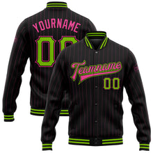 Load image into Gallery viewer, Custom Black Pink Pinstripe Neon Green Bomber Full-Snap Varsity Letterman Jacket
