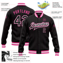 Load image into Gallery viewer, Custom Black Pink Pinstripe Black-White Bomber Full-Snap Varsity Letterman Jacket
