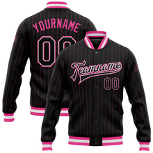 Load image into Gallery viewer, Custom Black Pink Pinstripe Black-White Bomber Full-Snap Varsity Letterman Jacket
