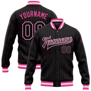 Custom Black Pink Pinstripe Black-White Bomber Full-Snap Varsity Letterman Jacket