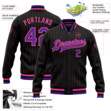 Load image into Gallery viewer, Custom Black Pink Pinstripe Purple Bomber Full-Snap Varsity Letterman Jacket
