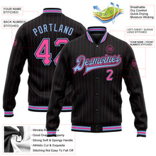 Load image into Gallery viewer, Custom Black Pink Pinstripe Light Blue Bomber Full-Snap Varsity Letterman Jacket
