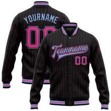 Load image into Gallery viewer, Custom Black Pink Pinstripe Light Blue Bomber Full-Snap Varsity Letterman Jacket
