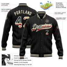 Load image into Gallery viewer, Custom Black Cream Pinstripe Vintage USA Flag Bomber Full-Snap Varsity Letterman Jacket
