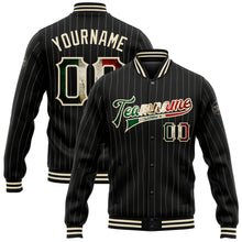 Load image into Gallery viewer, Custom Black Cream Pinstripe Vintage Mexican Flag Bomber Full-Snap Varsity Letterman Jacket
