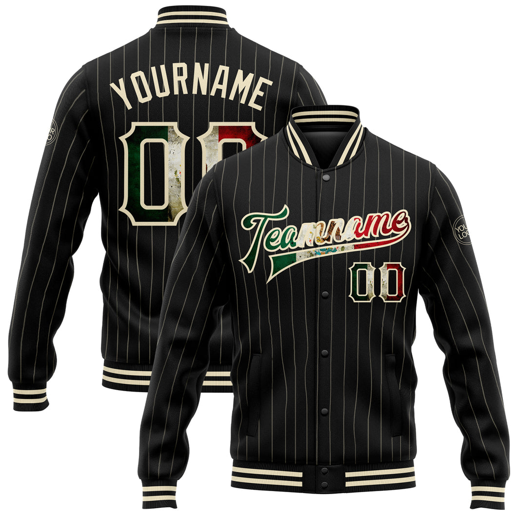 Custom Black Cream Pinstripe Vintage Mexican Flag Bomber Full-Snap Varsity Letterman Jacket