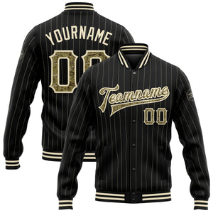 Custom Black Cream Pinstripe Camo Bomber Full-Snap Varsity Letterman Jacket