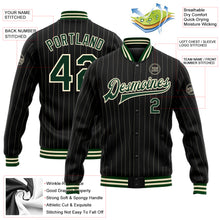 Load image into Gallery viewer, Custom Black Cream Pinstripe Green Bomber Full-Snap Varsity Letterman Jacket
