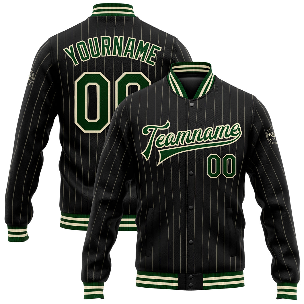 Custom Black Cream Pinstripe Green Bomber Full-Snap Varsity Letterman Jacket