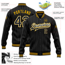 Load image into Gallery viewer, Custom Black White Pinstripe Gold Bomber Full-Snap Varsity Letterman Jacket
