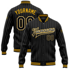 Load image into Gallery viewer, Custom Black White Pinstripe Gold Bomber Full-Snap Varsity Letterman Jacket
