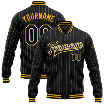 Custom Black White Pinstripe Gold Bomber Full-Snap Varsity Letterman Jacket