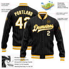 Load image into Gallery viewer, Custom Black White Pinstripe Gold Bomber Full-Snap Varsity Letterman Jacket
