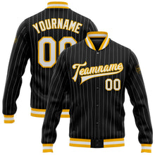 Load image into Gallery viewer, Custom Black White Pinstripe Gold Bomber Full-Snap Varsity Letterman Jacket
