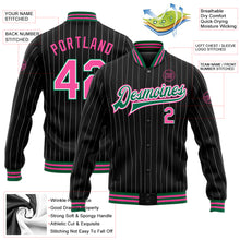 Load image into Gallery viewer, Custom Black White Pinstripe Pink-Kelly Green Bomber Full-Snap Varsity Letterman Jacket
