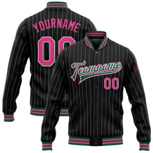 Load image into Gallery viewer, Custom Black White Pinstripe Pink-Kelly Green Bomber Full-Snap Varsity Letterman Jacket
