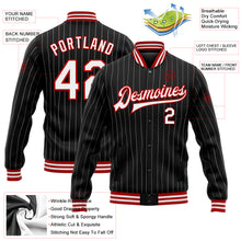 Load image into Gallery viewer, Custom Black White Pinstripe Red Bomber Full-Snap Varsity Letterman Jacket
