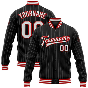 Custom Black White Pinstripe Red Bomber Full-Snap Varsity Letterman Jacket