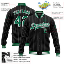 Load image into Gallery viewer, Custom Black White Pinstripe Kelly Green Bomber Full-Snap Varsity Letterman Jacket
