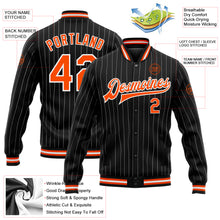 Load image into Gallery viewer, Custom Black White Pinstripe Orange Bomber Full-Snap Varsity Letterman Jacket
