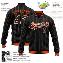 Load image into Gallery viewer, Custom Black White Pinstripe Orange Bomber Full-Snap Varsity Letterman Jacket
