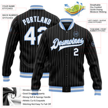 Load image into Gallery viewer, Custom Black White Pinstripe Light Blue Bomber Full-Snap Varsity Letterman Jacket
