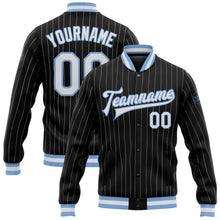 Load image into Gallery viewer, Custom Black White Pinstripe Light Blue Bomber Full-Snap Varsity Letterman Jacket
