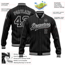 Load image into Gallery viewer, Custom Black White Pinstripe White Bomber Full-Snap Varsity Letterman Jacket
