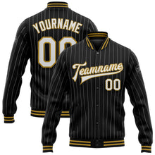 Load image into Gallery viewer, Custom Black White Pinstripe Old Gold Bomber Full-Snap Varsity Letterman Jacket
