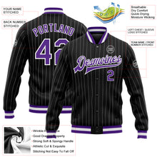 Load image into Gallery viewer, Custom Black White Pinstripe Purple Bomber Full-Snap Varsity Letterman Jacket

