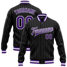 Load image into Gallery viewer, Custom Black White Pinstripe Purple Bomber Full-Snap Varsity Letterman Jacket
