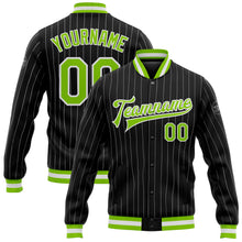 Load image into Gallery viewer, Custom Black White Pinstripe Neon Green Bomber Full-Snap Varsity Letterman Jacket
