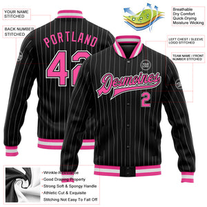 Custom Black White Pinstripe Pink Bomber Full-Snap Varsity Letterman Jacket