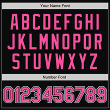 Load image into Gallery viewer, Custom Black White Pinstripe Pink Bomber Full-Snap Varsity Letterman Jacket
