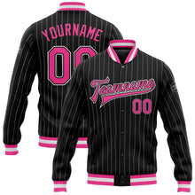 Load image into Gallery viewer, Custom Black White Pinstripe Pink Bomber Full-Snap Varsity Letterman Jacket
