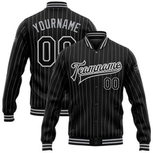 Load image into Gallery viewer, Custom Black White Pinstripe Black-Gray Bomber Full-Snap Varsity Letterman Jacket
